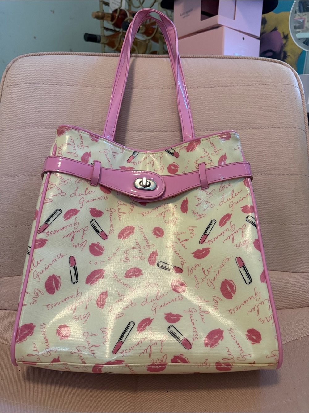 Lulu Guinness Cream Tote with Pink Lip & Lipstick Print